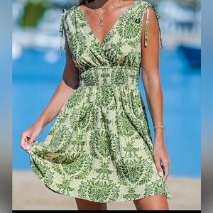 NWT Green Damask Print Mini Dress | Summer Casual | Size M